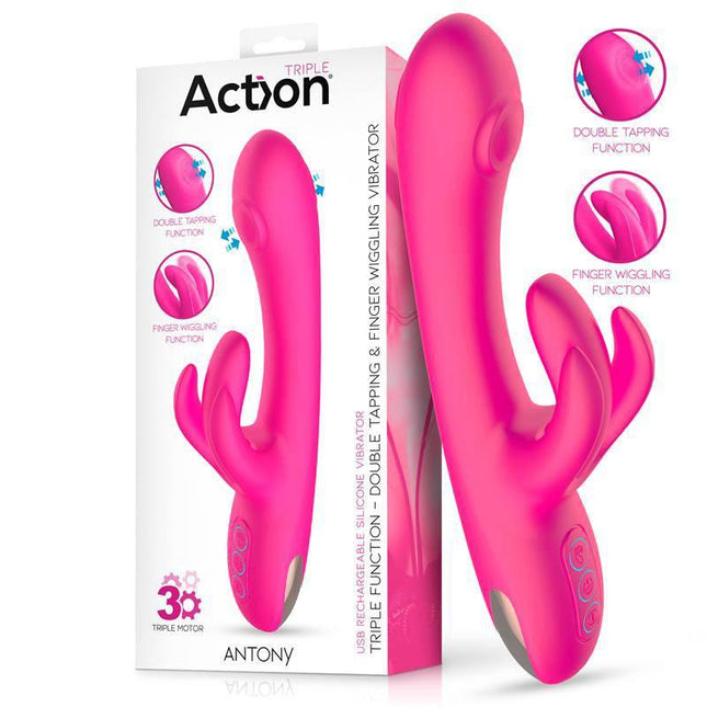 Antony Double Tapping and Finger Wiggling Vibe in packaging, showcasing triple-function design and features for personalized pleasure.