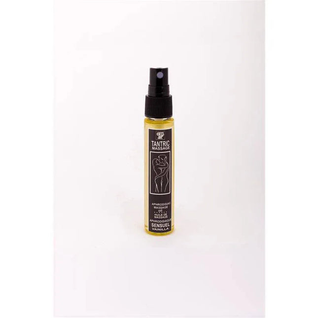 Aphridisiac Tantric Oil Vainila 30 ml bottle with sensual vanilla scent, designed for enhancing couple's sensual experiences.