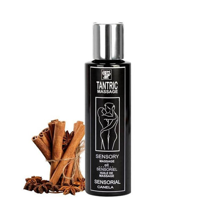 Aphrodisiac Tantric Oil Cinnamon 100 ml bottle with cinnamon sticks for sensual massage and relaxation.
