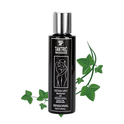 Aphrodisiac Tantric Oil Natural 100 ml bottle with botanical design, ideal for sensual massage and relaxation.