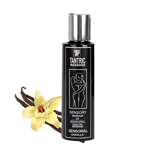 Aphrodisiac Tantric Oil Vainila 100 ml bottle with vanilla flower, designed for sensorial tantric massage and enhanced intimacy.