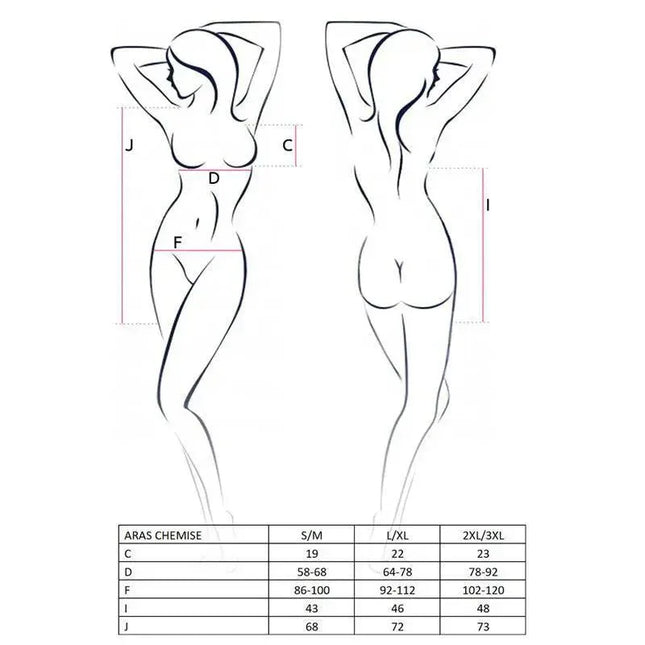 Sizing chart for Aras Chemise Black featuring body measurements with chest, waist, hips, and height dimensions for different sizes.