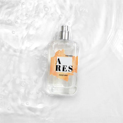 Ares Natural Pheromones Perfume 50 ml bottle on water surface for men.