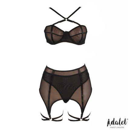 Aria Bra, Thong, Garter and Leg Ring Set by Adalet, showcasing elegant black semi-transparent lingerie ensemble.