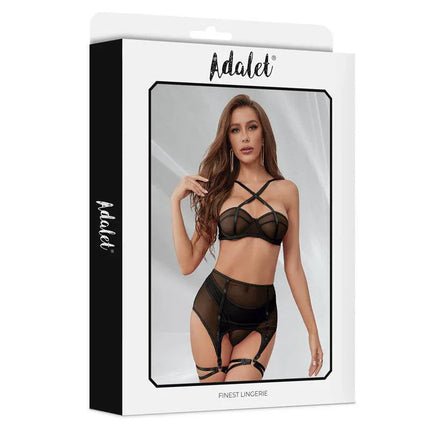 Aria Bra, Thong, Garter and Leg Ring Set by Adalet, featuring semi-transparent design in a polyester-spandex blend for elegance and comfort.