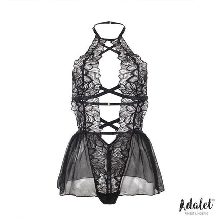 Ariella Open Back Teddy with Floral Pattern, semi-transparent bodysuit with crisscross straps by Adalet, featuring elegant design.