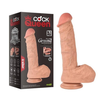 Armand L Dildo Dual Density 26 cm - 10.2 with its box, featuring a realistic design and a suction cup base for hands-free use.