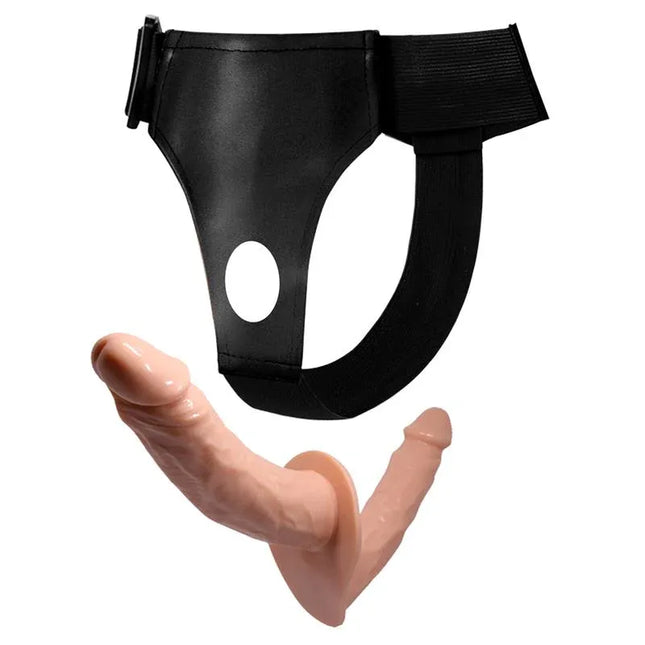 Arnés con Dildo Doble 7.1 + 5.9 with adjustable dual harness and realistic dildos for versatile pleasure, measuring 18 cm and 15 cm.