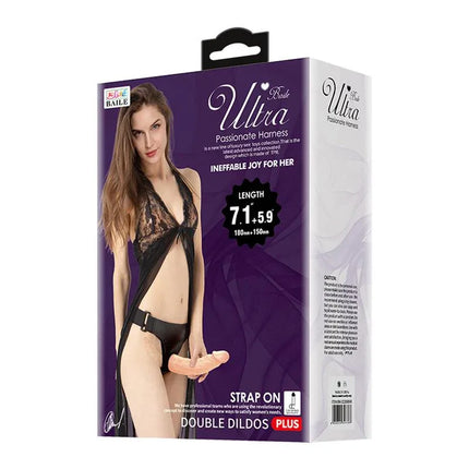 Arnés con Dildo Doble 7.1 + 5.9 packaging with model showcasing adjustable dual dildo harness