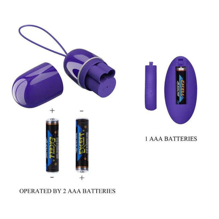 Features of Arvin Youth Egg Vibrator with Remote in purple, showing battery compartments and required AAA batteries for operation.