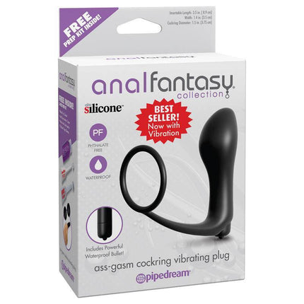 Packaging of Ass-Gasm Cockring Vibrating Plug - Colour Black, showcasing wearable plug with vibration, best seller with silicone material.