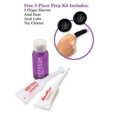 Free 5-piece prep kit including finger sleeves, Anal Eaze cream, Anal Lube, and Refresh toy cleaner for pleasure enhancement.