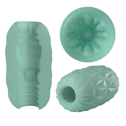 Athena Alice Display 15 Men Masturbator showing green textured sleeves with universal fit and discreet design.