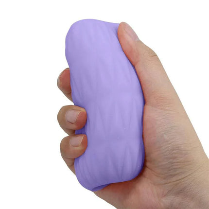 Athena Alice Display 15 Men Masturbator, handheld view of purple textured sleeve for versatile solo play.