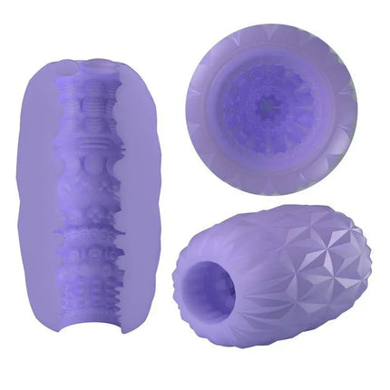 Athena Alice Display 15 Men Masturbator set in purple with textured inner and outer surfaces.