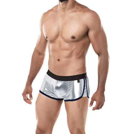 Model wearing Athletic Boxer Provocative Skai Silver by Cut4men, showcasing hip-cut design with ergonomic support.