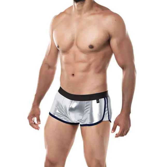 Model wearing Athletic Boxer Provocative Skai Silver by Cut4men, showcasing hip-cut design with ergonomic support.