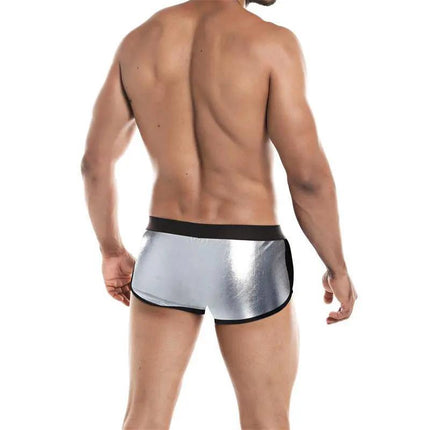 Back view of man wearing Athletic Boxer Provocative Skai Silver by Cut4men, showcasing hip-cut design and silver fabric.
