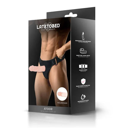 Packaging of Atoor Detachable Strap-On with Hollow Dildo from Latetobed Harness Collection showing features and design.