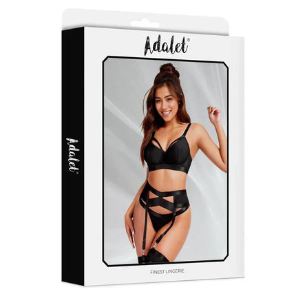 Adalet Audrey Set with Garter lingerie packaging featuring a complete bra, thong, garter belt, and leg ring ensemble.