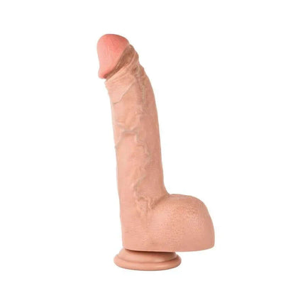 August Dildo Dual Layer 11 with realistic texture and lifelike design, crafted for adult satisfaction and safety, stands upright against white background.