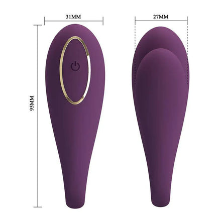 August Vibrador de Parejas App Remote Lila CL12 with dimensions, front and side view in lilac color.