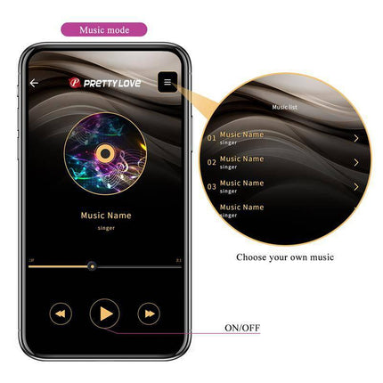 Smartphone displaying Pretty Love music mode features with music list and controls, highlighting 'Choose your own music.'