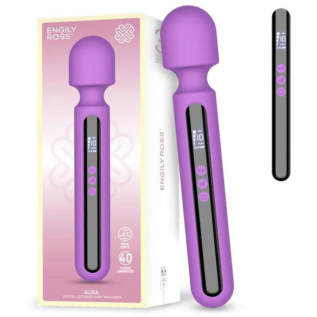 Aura Wand Massager with Digital Led Screen, Big Size and Powerfull 29.5 cm in purple with packaging and LED display on handle.