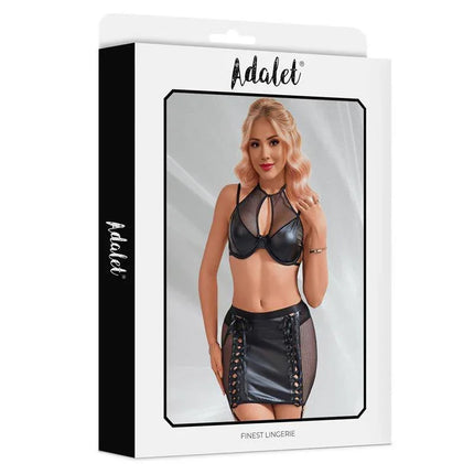Aurora Top and Skirt Vegan Leather packaging by Adalet, highlighting chic black design with mesh accents for a bold fashion statement.