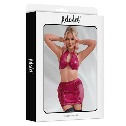 Aurora Top and Skirt Vegan Leather set by Adalet in pink packaging displayed against a white background.