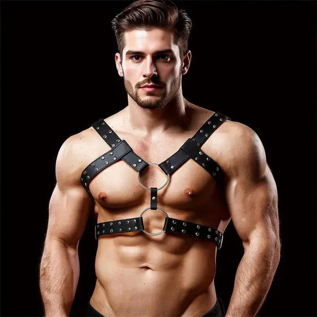 Aurum Male Chest Bondage Harness Vegan Leather with studded detailing, designed for comfort and confidence in fetish play.
