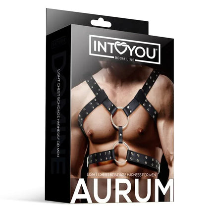 Aurum Male Chest Bondage Harness Vegan Leather in packaging, featuring bold studded detailing for partner play.