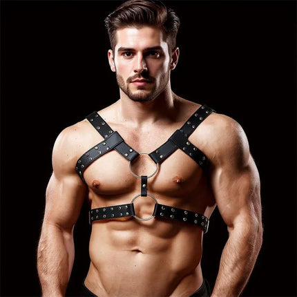 Aurum Male Chest Bondage Harness Vegan Leather with studded details on a model, showcasing adjustability and strong hardware for partner play.