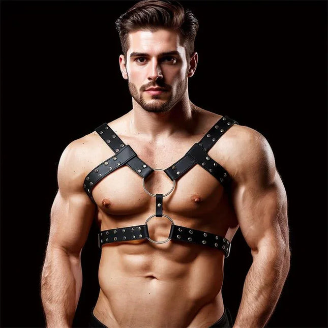 Aurum Male Chest Bondage Harness Vegan Leather with studded details on a model, showcasing adjustability and strong hardware for partner play.