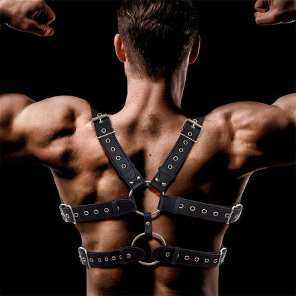 Back view of Aurum Male Chest Bondage Harness Vegan Leather with adjustable straps and studs, showcasing a bold and masculine design.