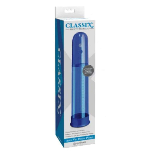 Packaging of Auto-Vac Power Pump Blue, a hands-free automatic penis pump with motorized suction for stronger erections.