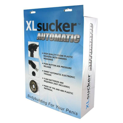 Packaging of Automatic Penis Pump Clear by XLsucker with product features listed on the box.