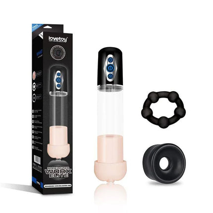 Automatic Penis Pump Maximizer Worx Elite USB Vagina with accessories and packaging.