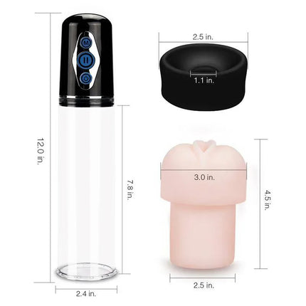 Automatic Penis Pump Maximizer Worx Elite USB Vagina with dimensions of the clear cylinder and base sleeves shown.