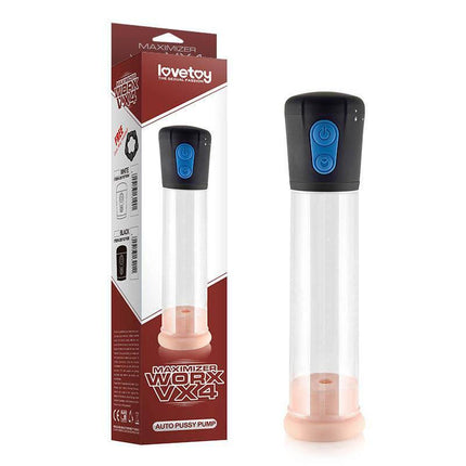 Automatic Penis Pump Maximizer Worx VX4 Vagina with packaging, showing transparent cylinder and control buttons