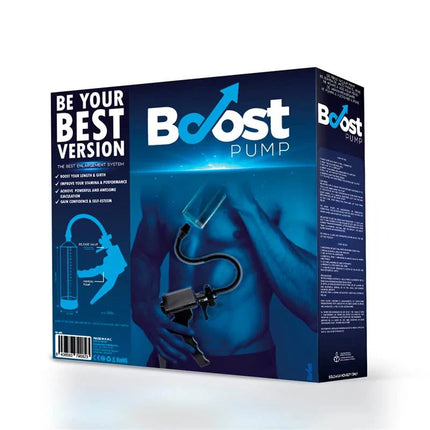 Box packaging of Automatic Penis Pump with Gun PSX007 by Boost Pumps, featuring transparent cylinder and pressure control gun.