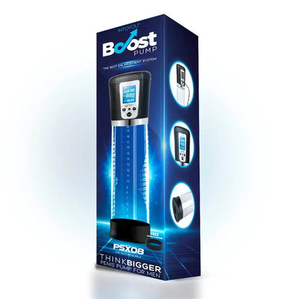 Boost Pumps Automatic Penis Pump with LCD Screen PSX08 USB in packaging, featuring sleek design and advanced technology for enhancement.