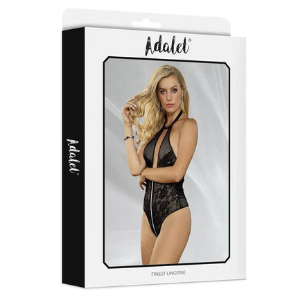 Autumn Teddy With zipper by Adalet in box showcasing floral lace and mesh design with halter neck and front zipper.