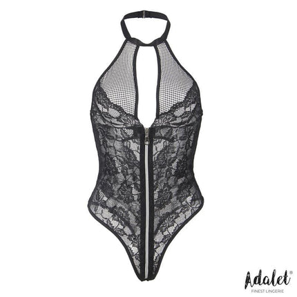 Autumn Teddy With zipper in black floral lace by Adalet, featuring halter neck and front zip for easy access, available in sizes S-M and L-XL.
