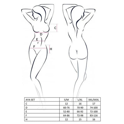 Size chart for AYA Set 3 Black three-piece lingerie set with measurements for S/M, L/XL, XXL/XXXL.