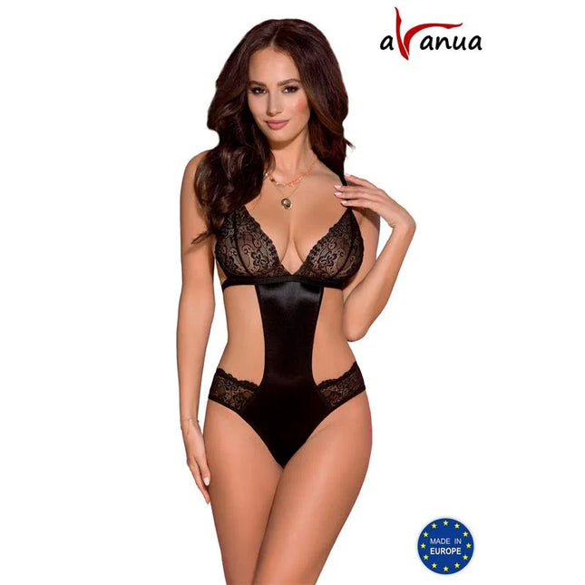 Model wearing AYA Teddy Black with lace, V-neckline, bare back, and seductive bow details, showcasing elegant lingerie design.