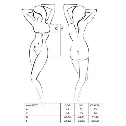 AYA Teddy Black sizing chart with body measurements for different sizes including S/M, L/XL, and XXL/XXXL.