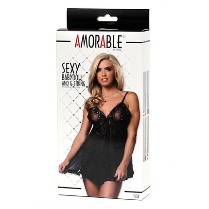 Packaging of Babydoll with String lingerie set featuring a blonde model in a semi-transparent black babydoll and string