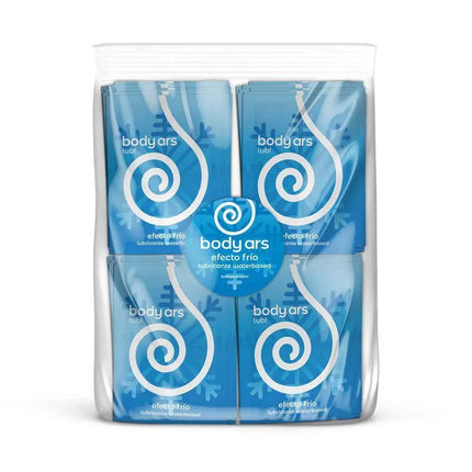 Bag of 100 Single-Use Cold Gel Lub in a transparent package with individual sachets, offering a refreshing, water-based lubricant sensation.