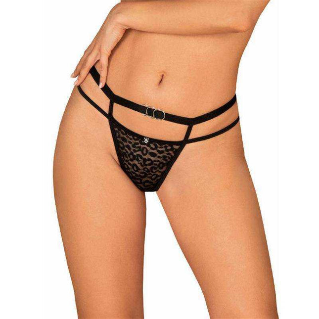 Woman wearing Bagirela Sexy Thong by Obsessive, featuring luxurious lace and playful lines for a seductive, flattering silhouette.